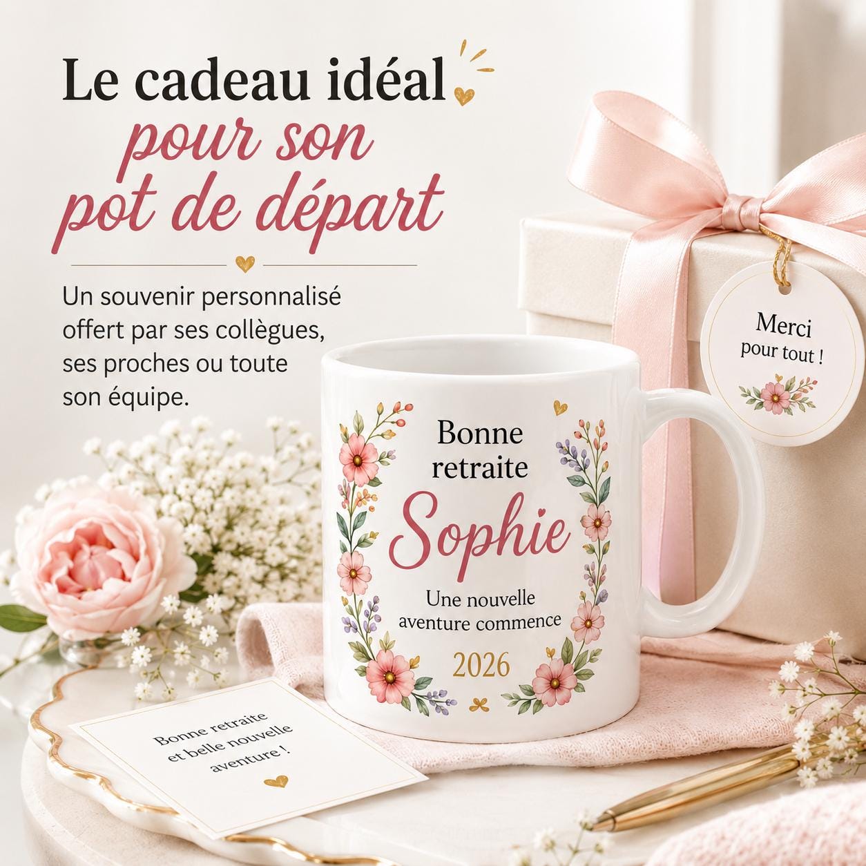 Mug retraite femme personnalisé avec prénom – cadeau de départ fleuri en céramique 325 ml