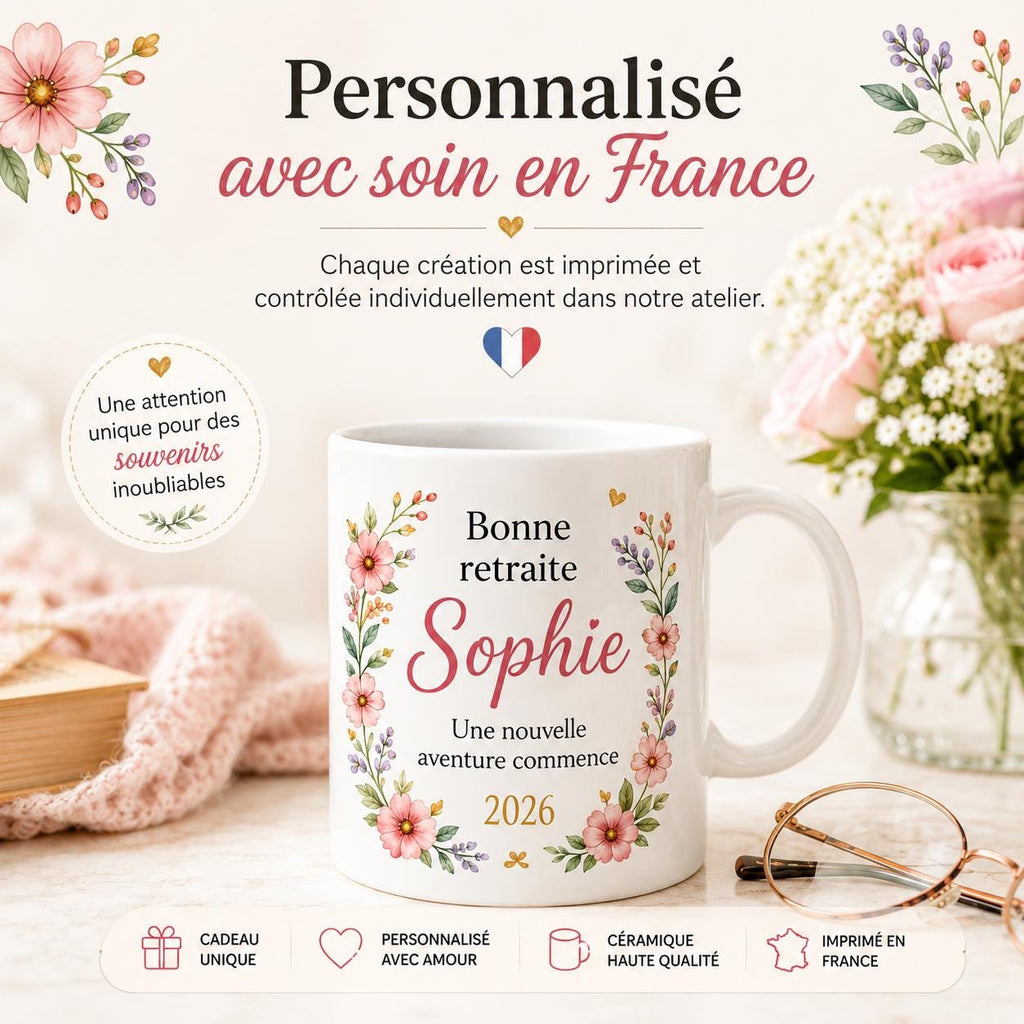 Mug retraite femme personnalisé avec prénom – cadeau de départ fleuri en céramique 325 ml