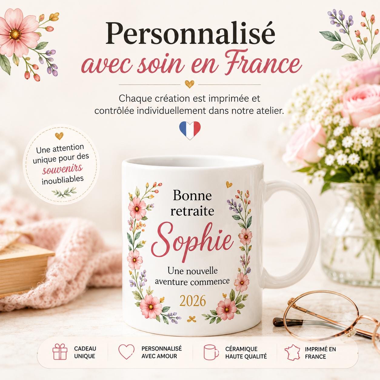 Mug retraite femme personnalisé avec prénom – cadeau de départ fleuri en céramique 325 ml