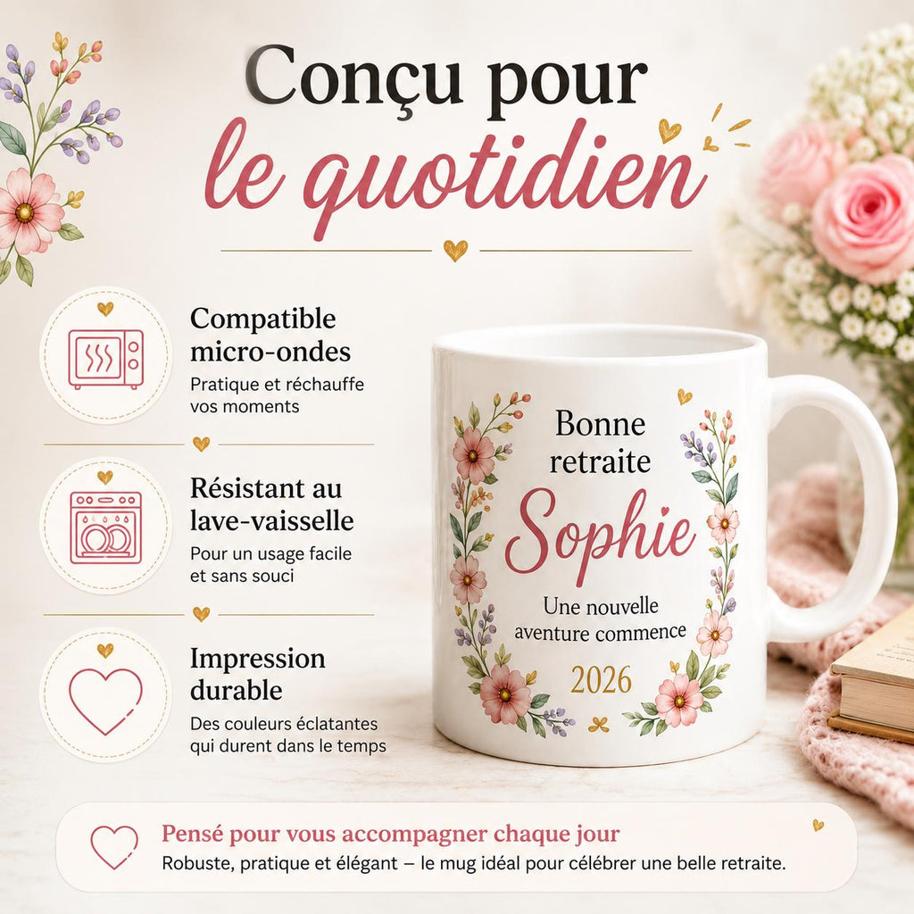 Mug retraite femme personnalisé avec prénom – cadeau de départ fleuri en céramique 325 ml