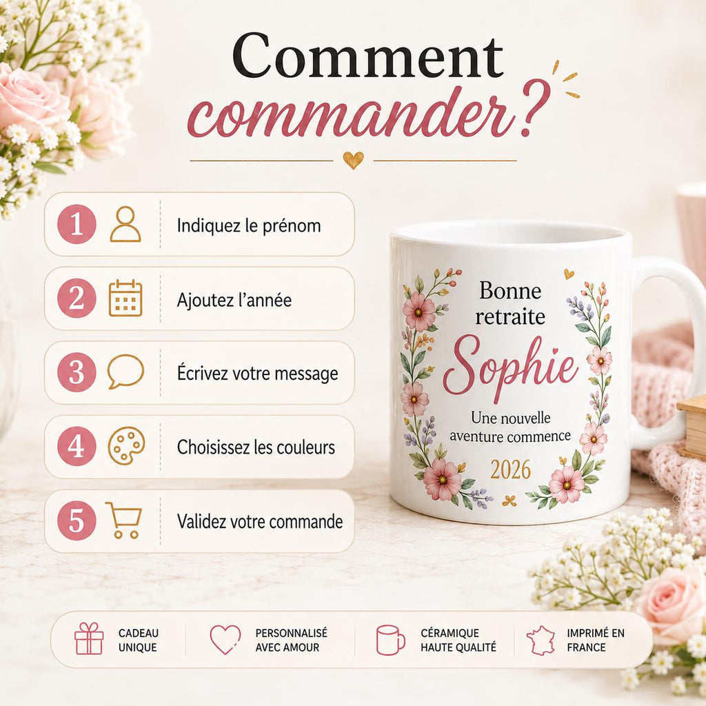 Mug retraite femme personnalisé avec prénom – cadeau de départ fleuri en céramique 325 ml