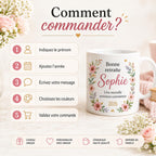 Mug retraite femme personnalisé avec prénom – cadeau de départ fleuri en céramique 325 ml
