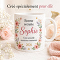 Mug retraite femme personnalisé avec prénom – cadeau de départ fleuri en céramique 325 ml