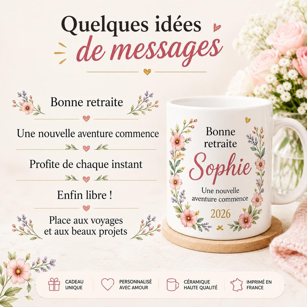 Mug retraite femme personnalisé avec prénom – cadeau de départ fleuri en céramique 325 ml