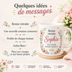 Mug retraite femme personnalisé avec prénom – cadeau de départ fleuri en céramique 325 ml