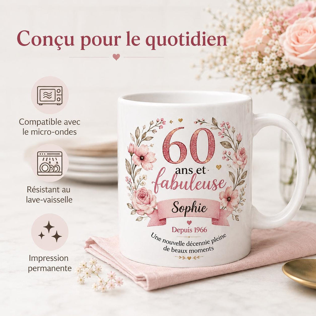 Mug 60 ans femme personnalisé avec prénom – cadeau anniversaire fleuri en céramique 325 ml