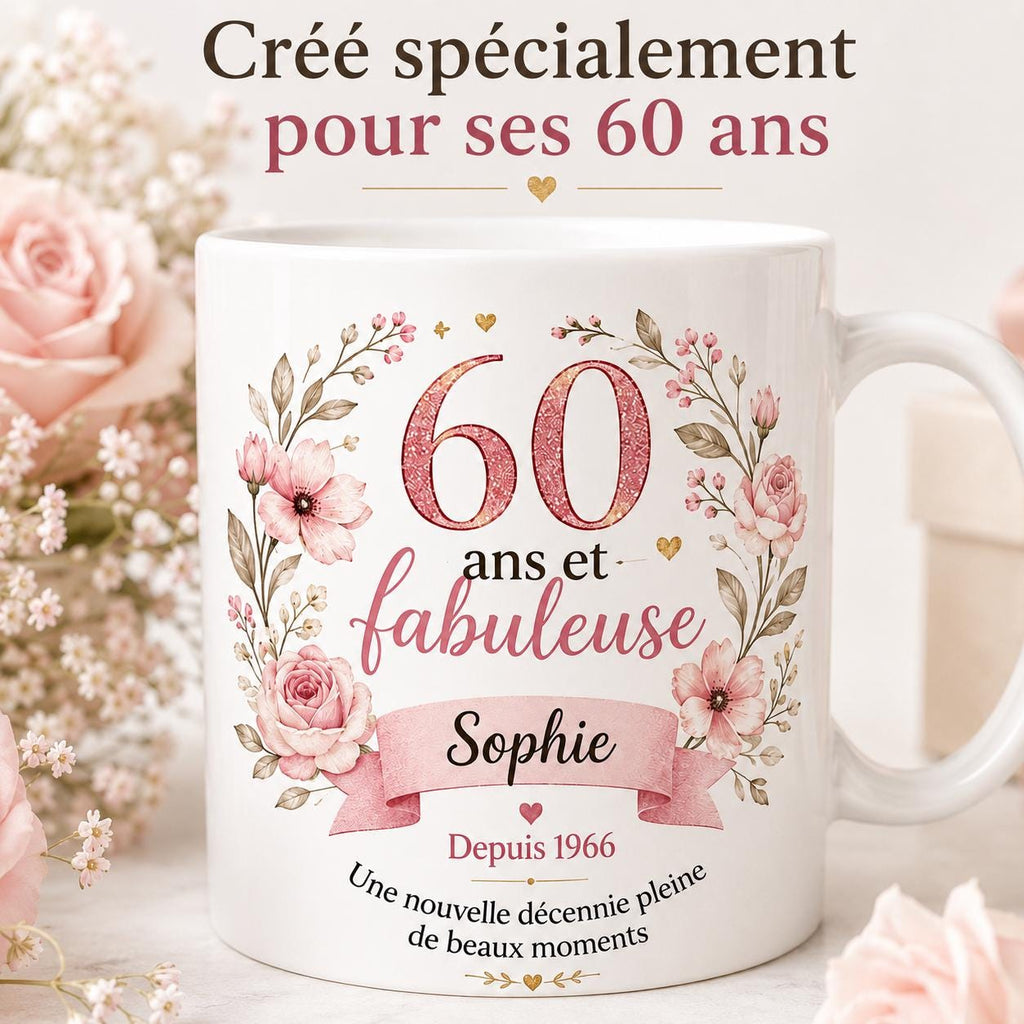 Mug 60 ans femme personnalisé avec prénom – cadeau anniversaire fleuri en céramique 325 ml