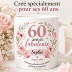 Mug 60 ans femme personnalisé avec prénom – cadeau anniversaire fleuri en céramique 325 ml