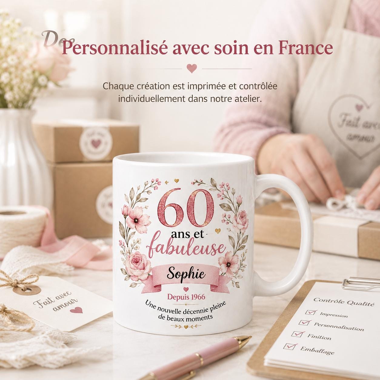 Mug 60 ans femme personnalisé avec prénom – cadeau anniversaire fleuri en céramique 325 ml