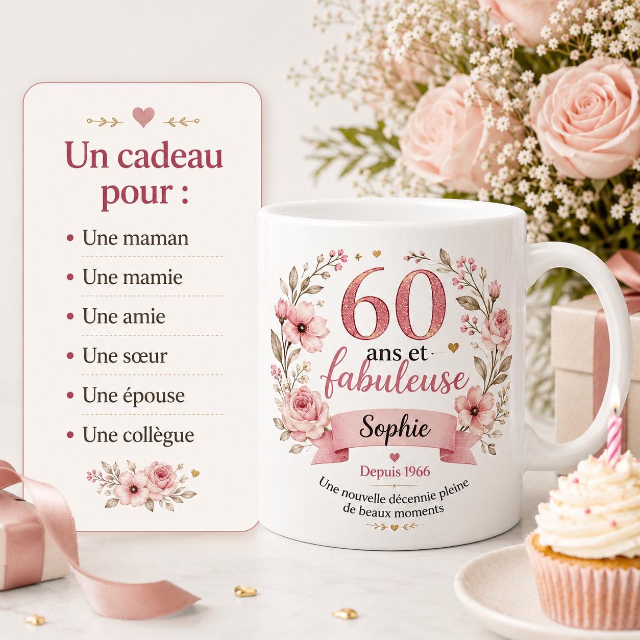 Mug 60 ans femme personnalisé avec prénom – cadeau anniversaire fleuri en céramique 325 ml