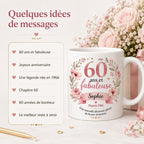 Mug 60 ans femme personnalisé avec prénom – cadeau anniversaire fleuri en céramique 325 ml