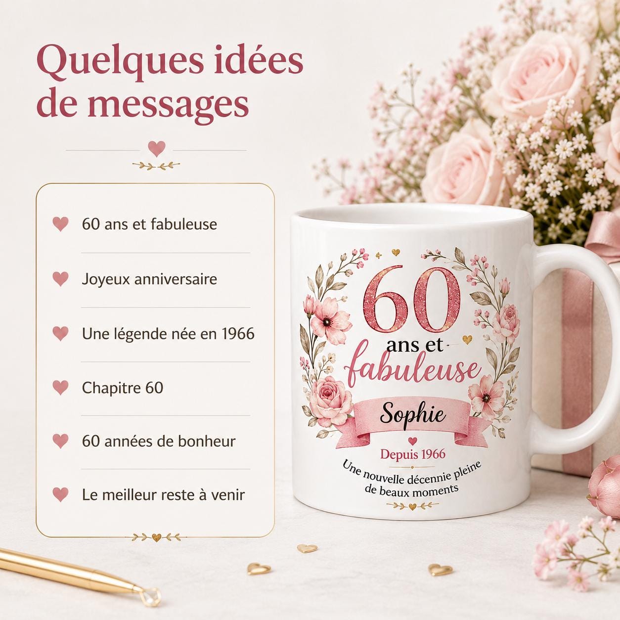Mug 60 ans femme personnalisé avec prénom – cadeau anniversaire fleuri en céramique 325 ml