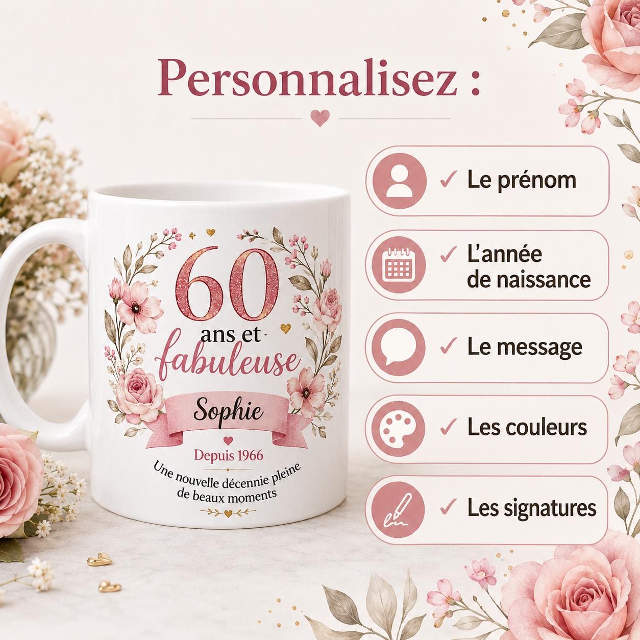 Mug 60 ans femme personnalisé avec prénom – cadeau anniversaire fleuri en céramique 325 ml