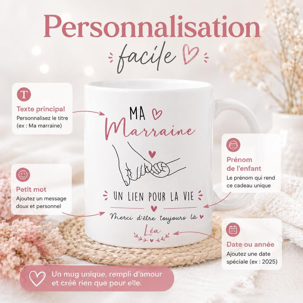 Mug marraine personnalisé avec prénom – Cadeau marraine original – Tasse céramique 325 ml – Baptême ou anniversaire