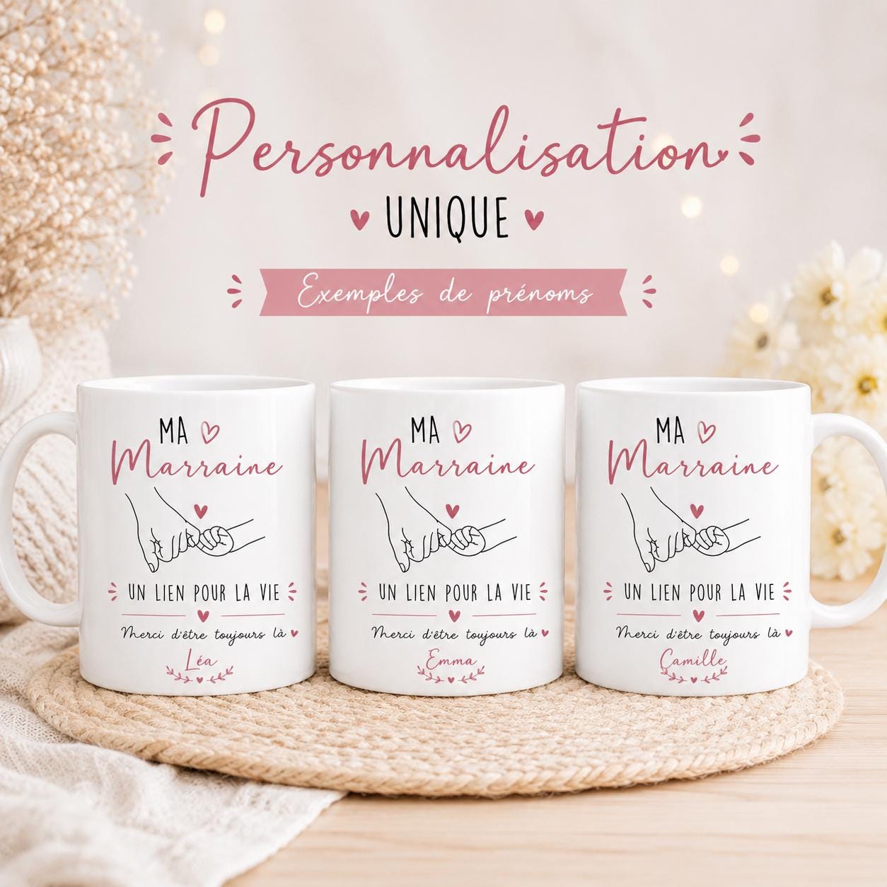 Mug marraine personnalisé avec prénom – Cadeau marraine original – Tasse céramique 325 ml – Baptême ou anniversaire