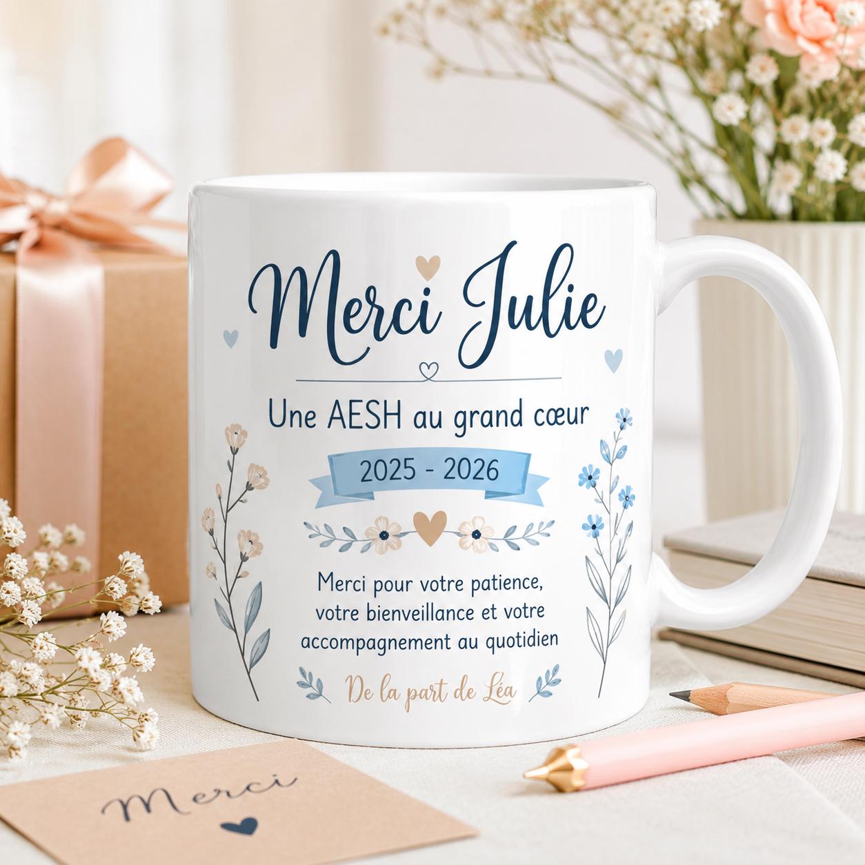 Mug AESH personnalisé avec prénom – Cadeau fin d’année scolaire