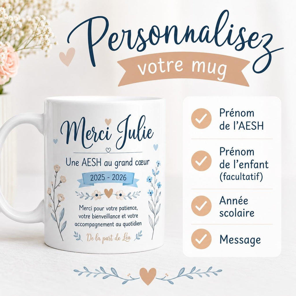 Mug AESH personnalisé avec prénom – Cadeau fin d’année scolaire