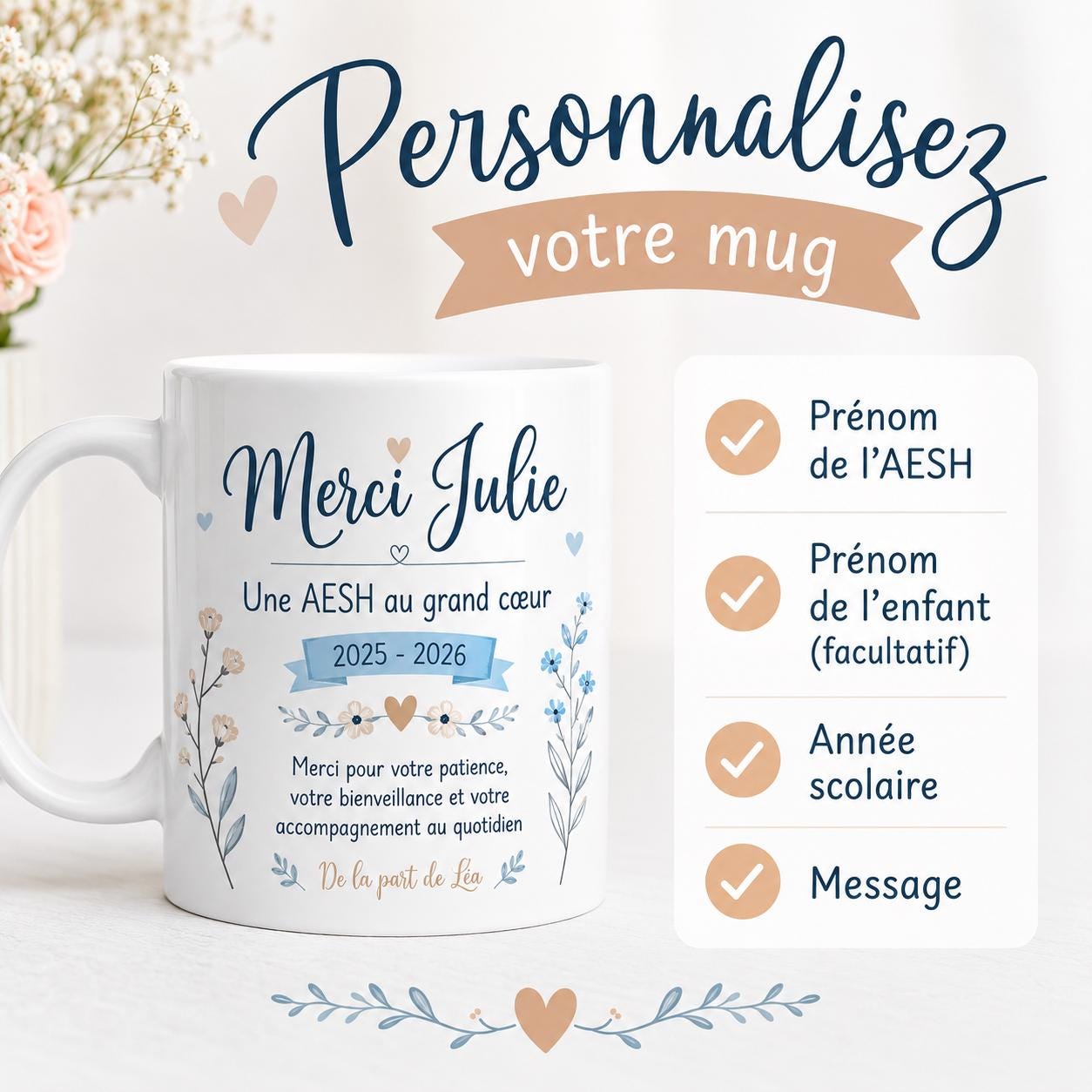 Mug AESH personnalisé avec prénom – Cadeau fin d’année scolaire