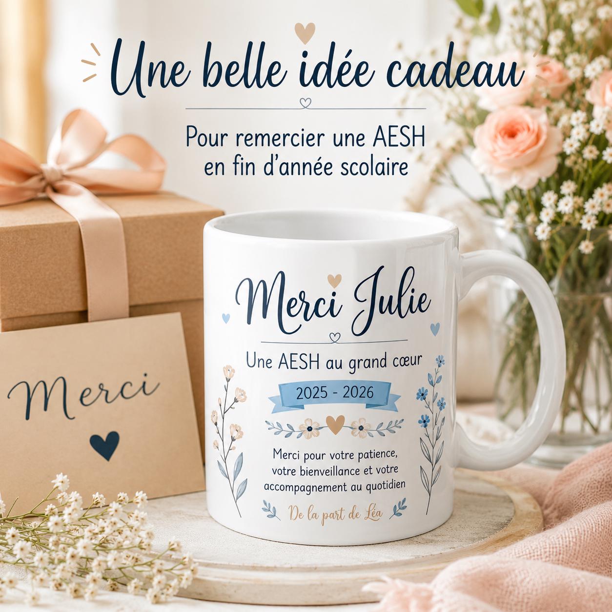 Mug AESH personnalisé avec prénom – Cadeau fin d’année scolaire