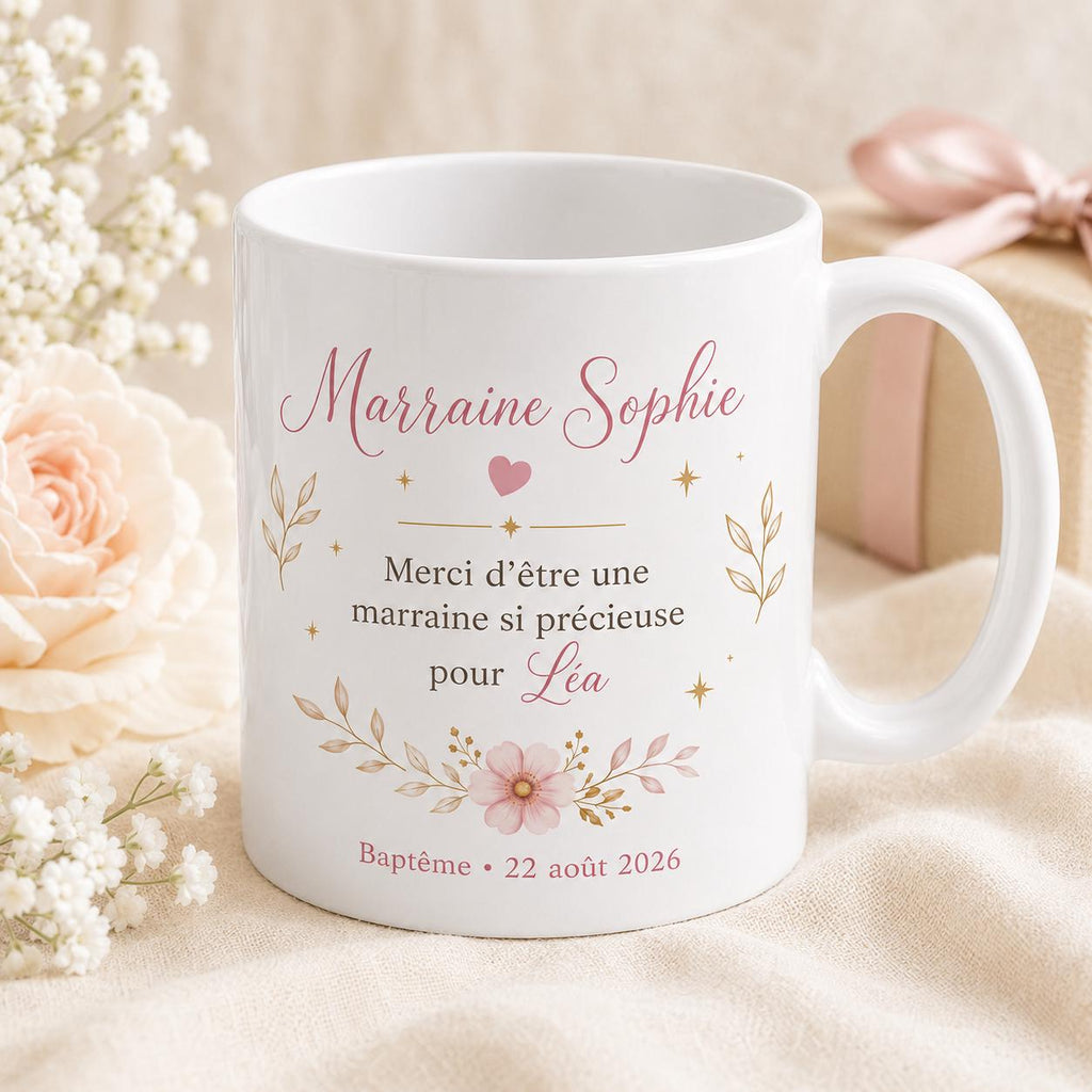 Mug Marraine Baptême Personnalisé avec Prénom du Filleul et Date, Cadeau Marraine Original et Souvenir