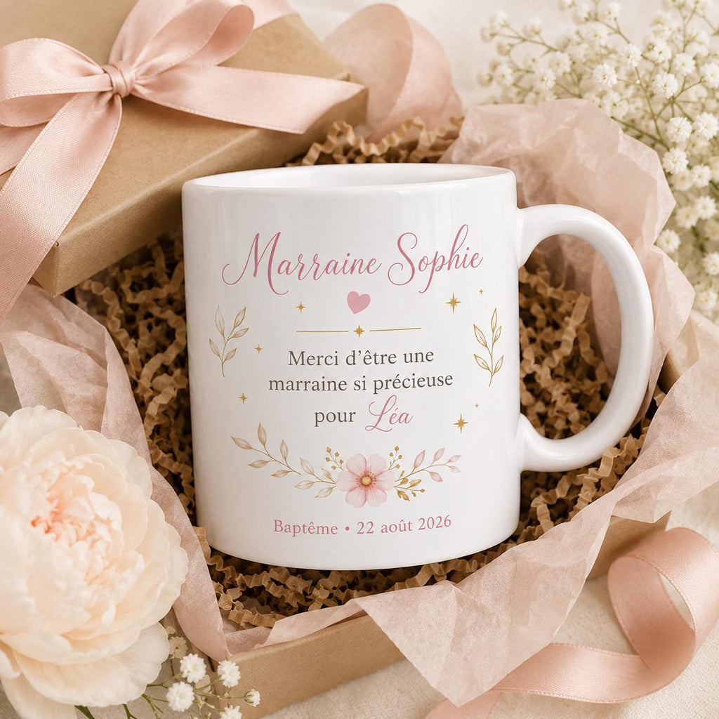 Mug Marraine Baptême Personnalisé avec Prénom du Filleul et Date, Cadeau Marraine Original et Souvenir