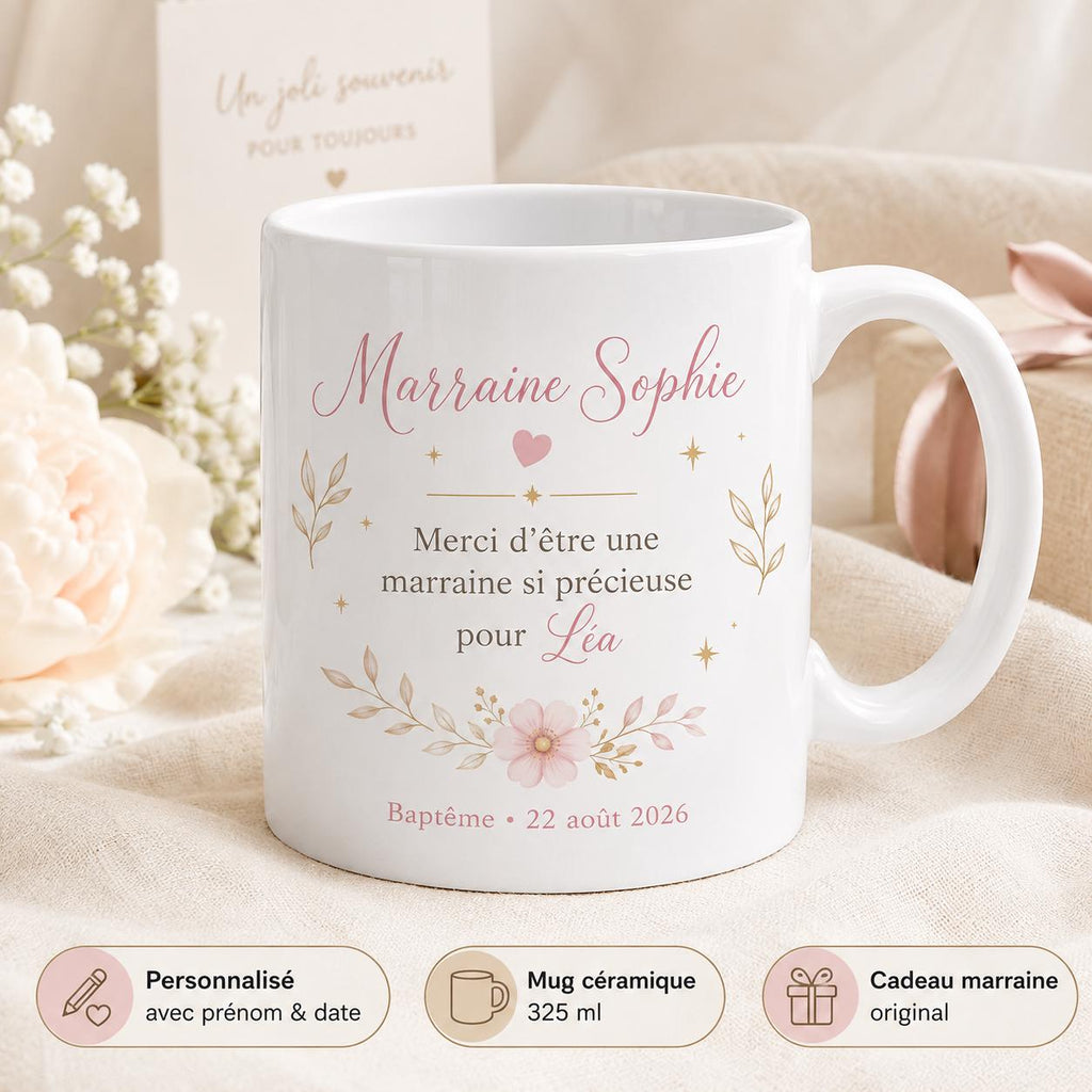 Mug Marraine Baptême Personnalisé avec Prénom du Filleul et Date, Cadeau Marraine Original et Souvenir