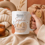 Mug Femme 60 Ans Personnalisé avec Prénom, Cadeau Anniversaire Femme Original, Tasse Fleurie 60 Ans