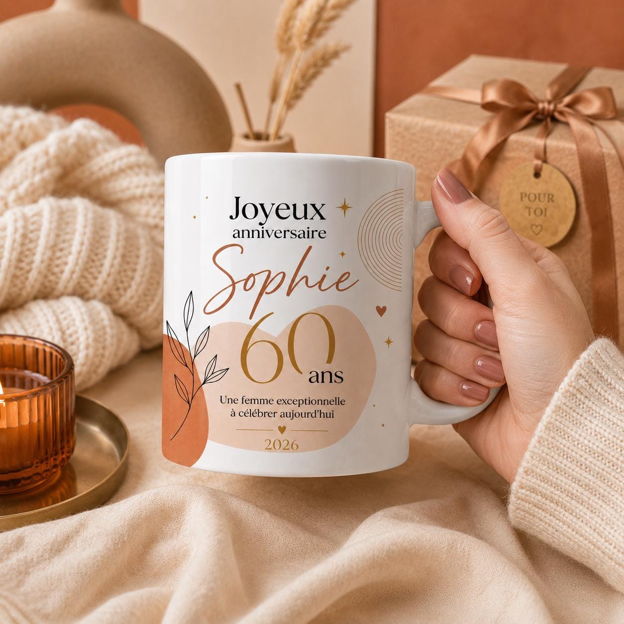Mug Femme 60 Ans Personnalisé avec Prénom, Cadeau Anniversaire Femme Original, Tasse Fleurie 60 Ans