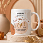 Mug Femme 60 Ans Personnalisé avec Prénom, Cadeau Anniversaire Femme Original, Tasse Fleurie 60 Ans