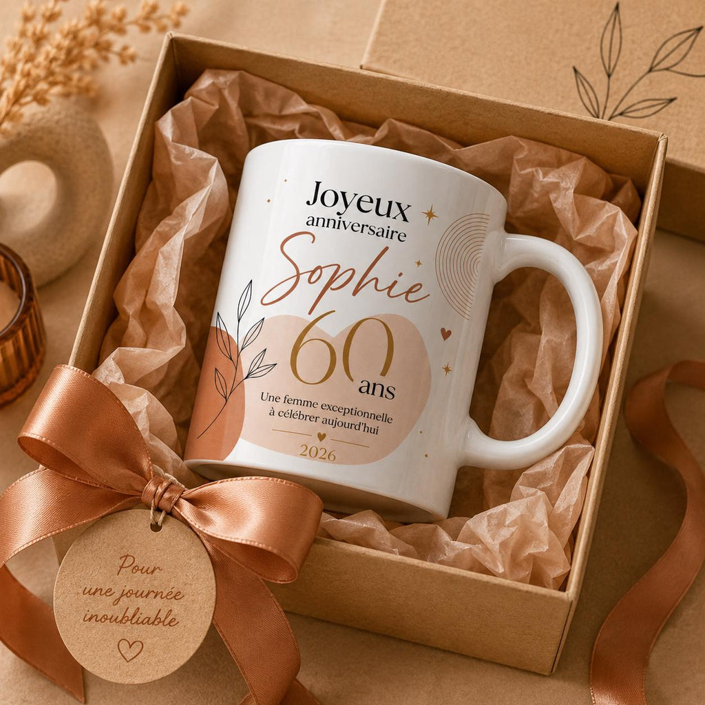 Mug Femme 60 Ans Personnalisé avec Prénom, Cadeau Anniversaire Femme Original, Tasse Fleurie 60 Ans