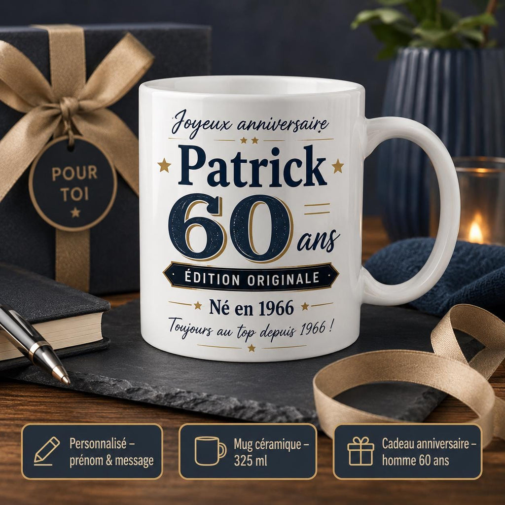 Mug Homme 60 Ans Personnalisé avec Prénom, Cadeau Anniversaire Homme Original, Tasse Humour 60 Ans
