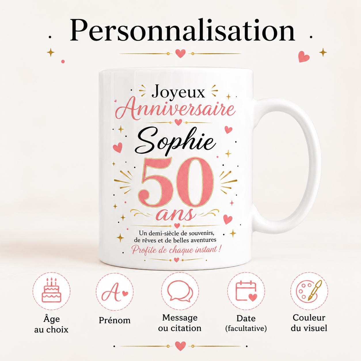 Mug anniversaire personnalisé âge 30 40 50 60 70 80 90 ans, tasse avec prénom, cadeau anniversaire original