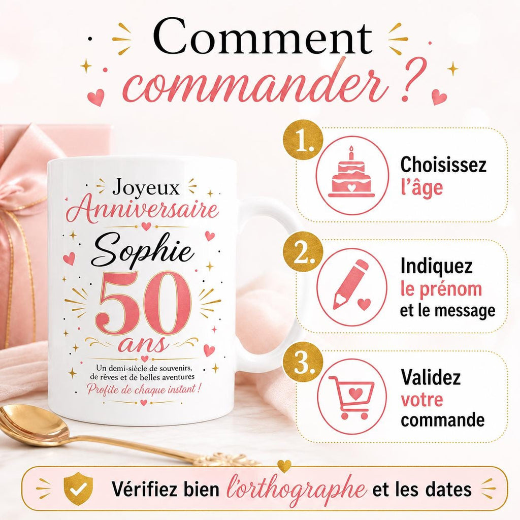 Mug anniversaire personnalisé âge 30 40 50 60 70 80 90 ans, tasse avec prénom, cadeau anniversaire original