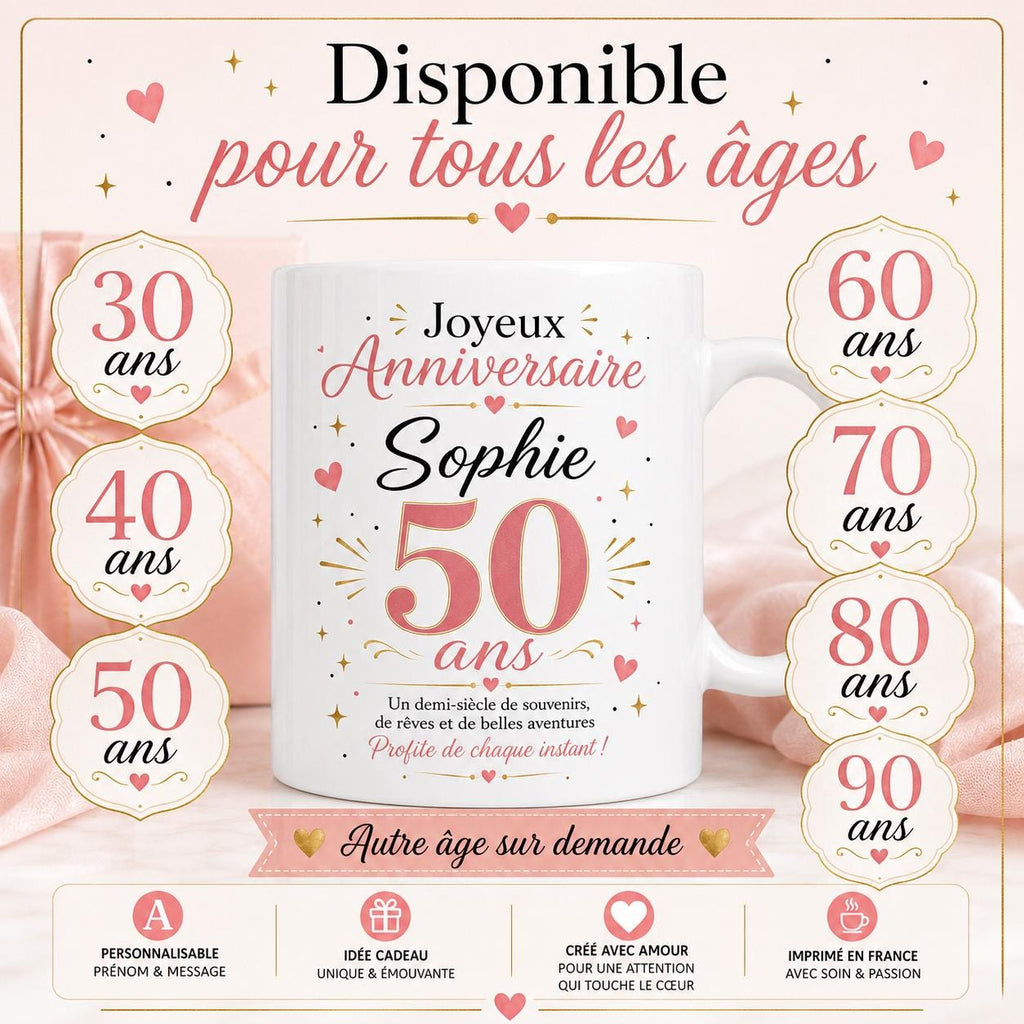 Mug anniversaire personnalisé âge 30 40 50 60 70 80 90 ans, tasse avec prénom, cadeau anniversaire original