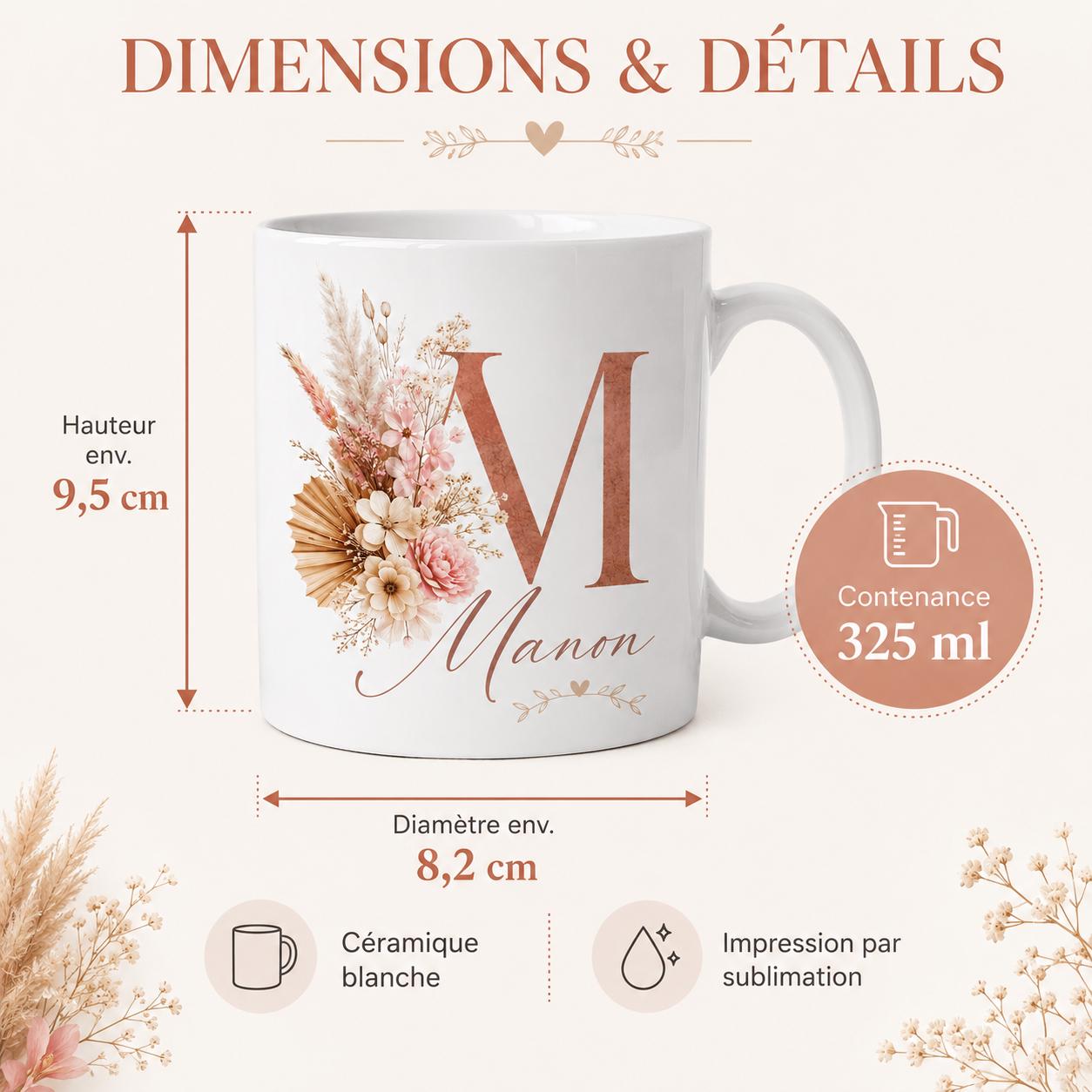 Mug bohème personnalisé avec initiale – Prénom et fleurs séchées