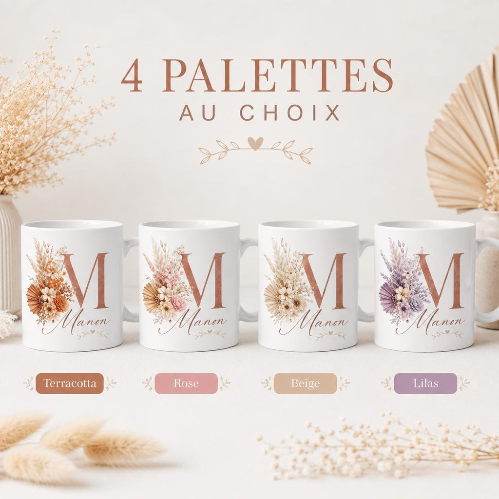Mug bohème personnalisé avec initiale – Prénom et fleurs séchées