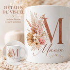 Mug bohème personnalisé avec initiale – Prénom et fleurs séchées