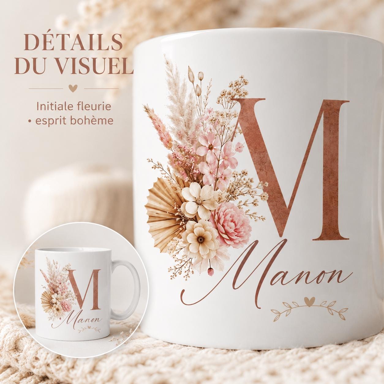 Mug bohème personnalisé avec initiale – Prénom et fleurs séchées