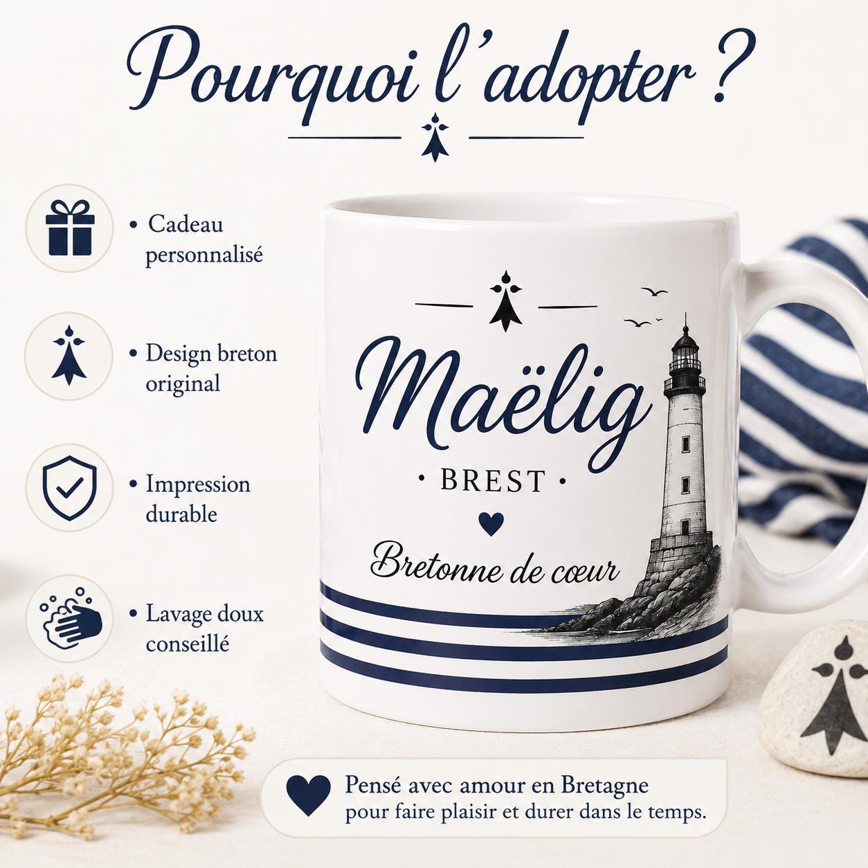 Mug Bretagne personnalisé avec prénom – Cadeau Breton ou Bretonne