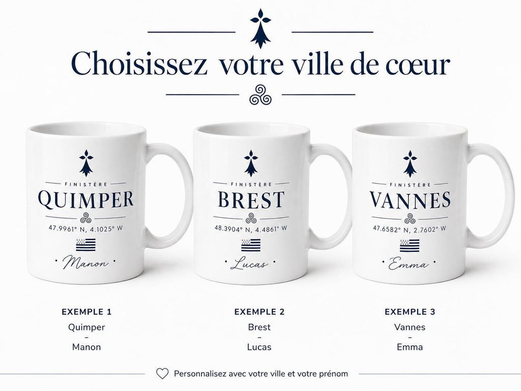 Mug Bretagne personnalisé avec ville – Coordonnées GPS et prénom