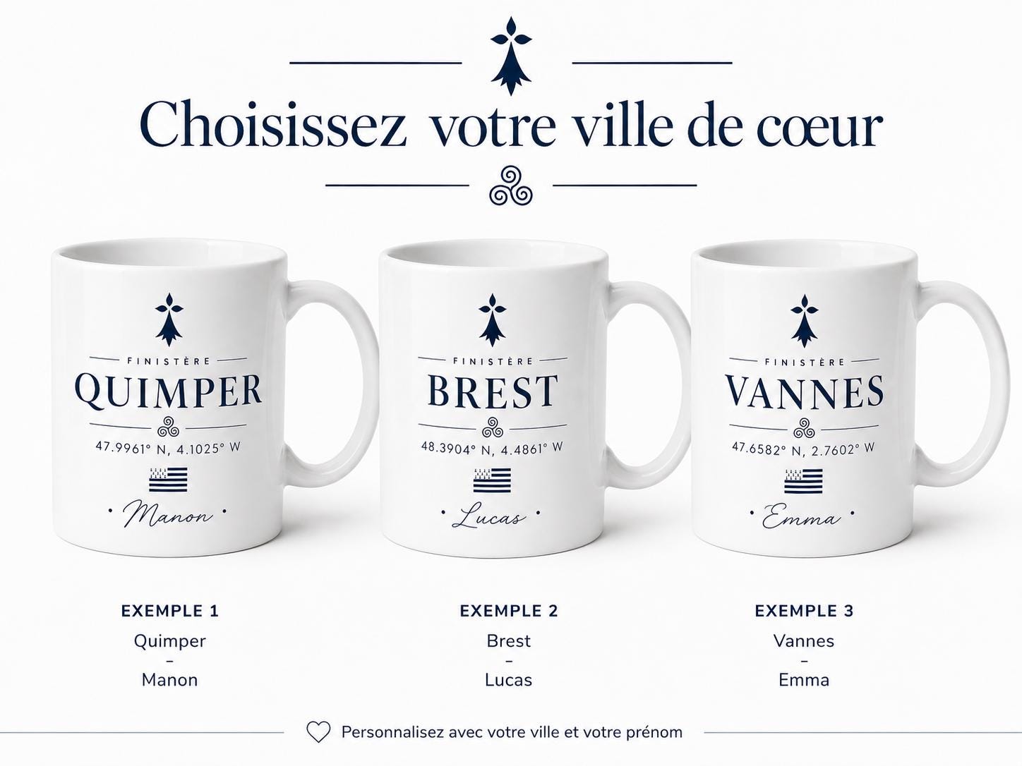 Mug Bretagne personnalisé avec ville – Coordonnées GPS et prénom