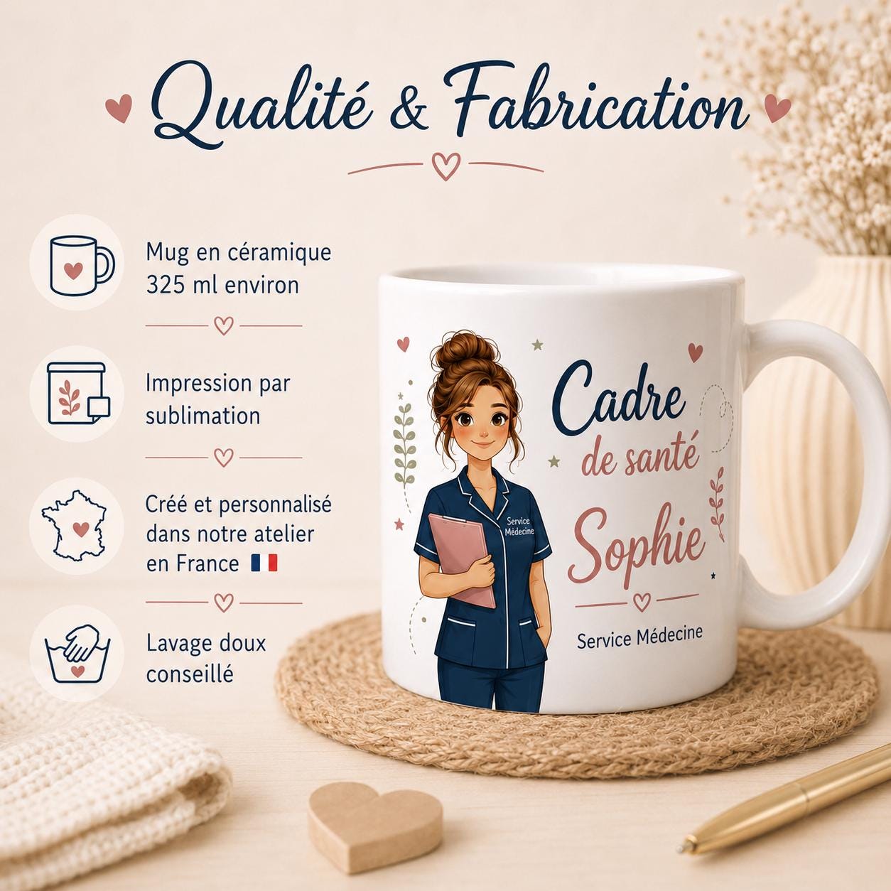 Mug cadre de santé personnalisé – Cadeau équipe avec prénom