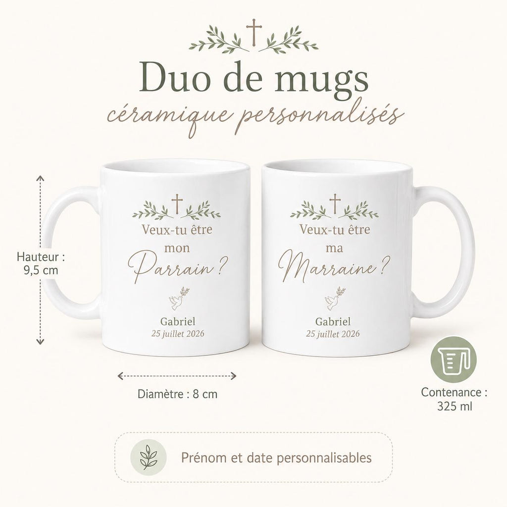 Duo Mug Demande Parrain Marraine Personnalisé, Veux-tu Être Mon Parrain Ma Marraine, Cadeau Baptême