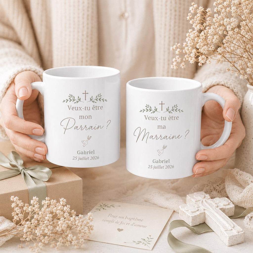Duo Mug Demande Parrain Marraine Personnalisé, Veux-tu Être Mon Parrain Ma Marraine, Cadeau Baptême