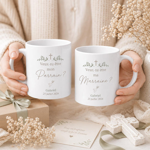 Duo Mug Demande Parrain Marraine Personnalisé, Veux-tu Être Mon Parrain Ma Marraine, Cadeau Baptême
