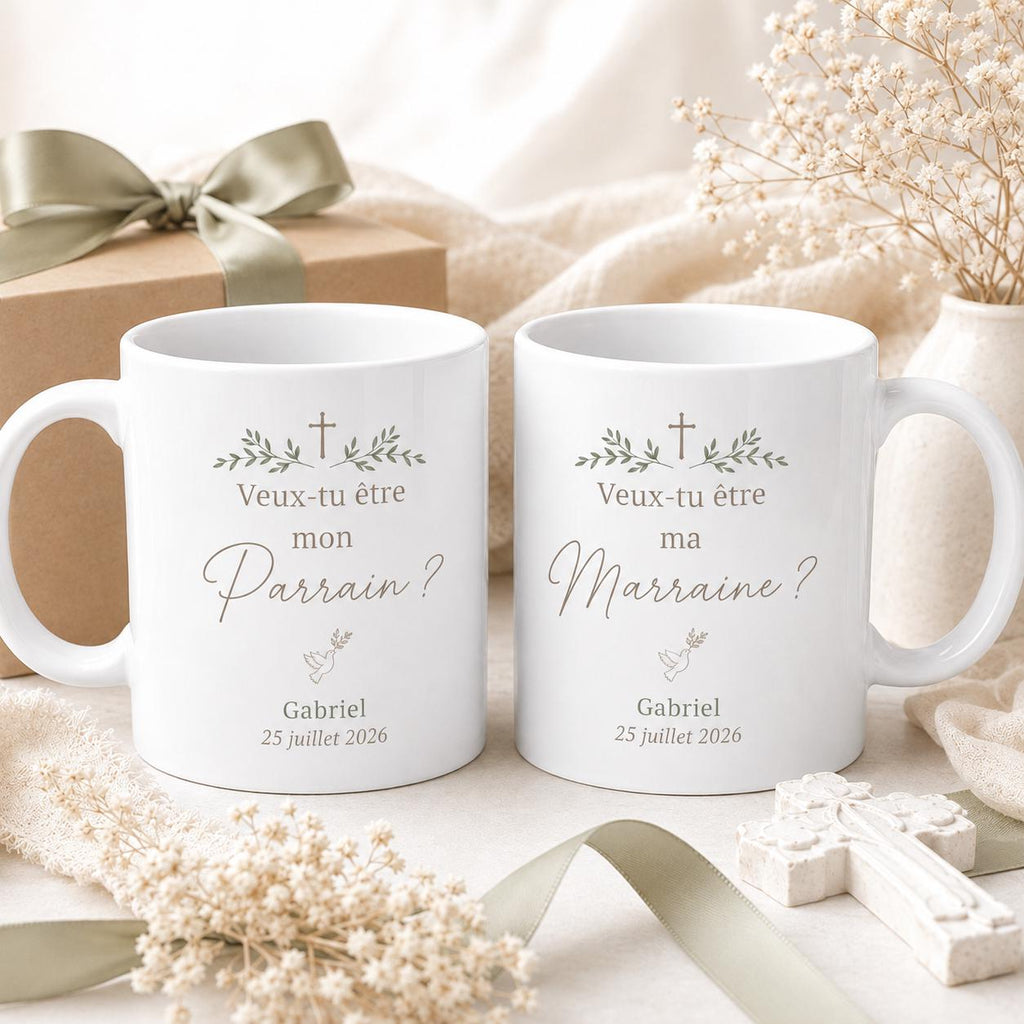 Duo Mug Demande Parrain Marraine Personnalisé, Veux-tu Être Mon Parrain Ma Marraine, Cadeau Baptême