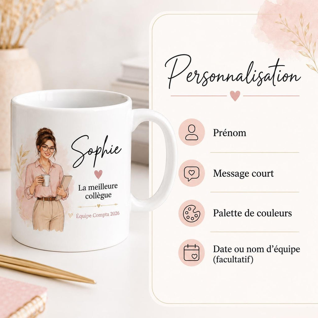 Mug collègue personnalisé avec prénom – Cadeau bureau femme