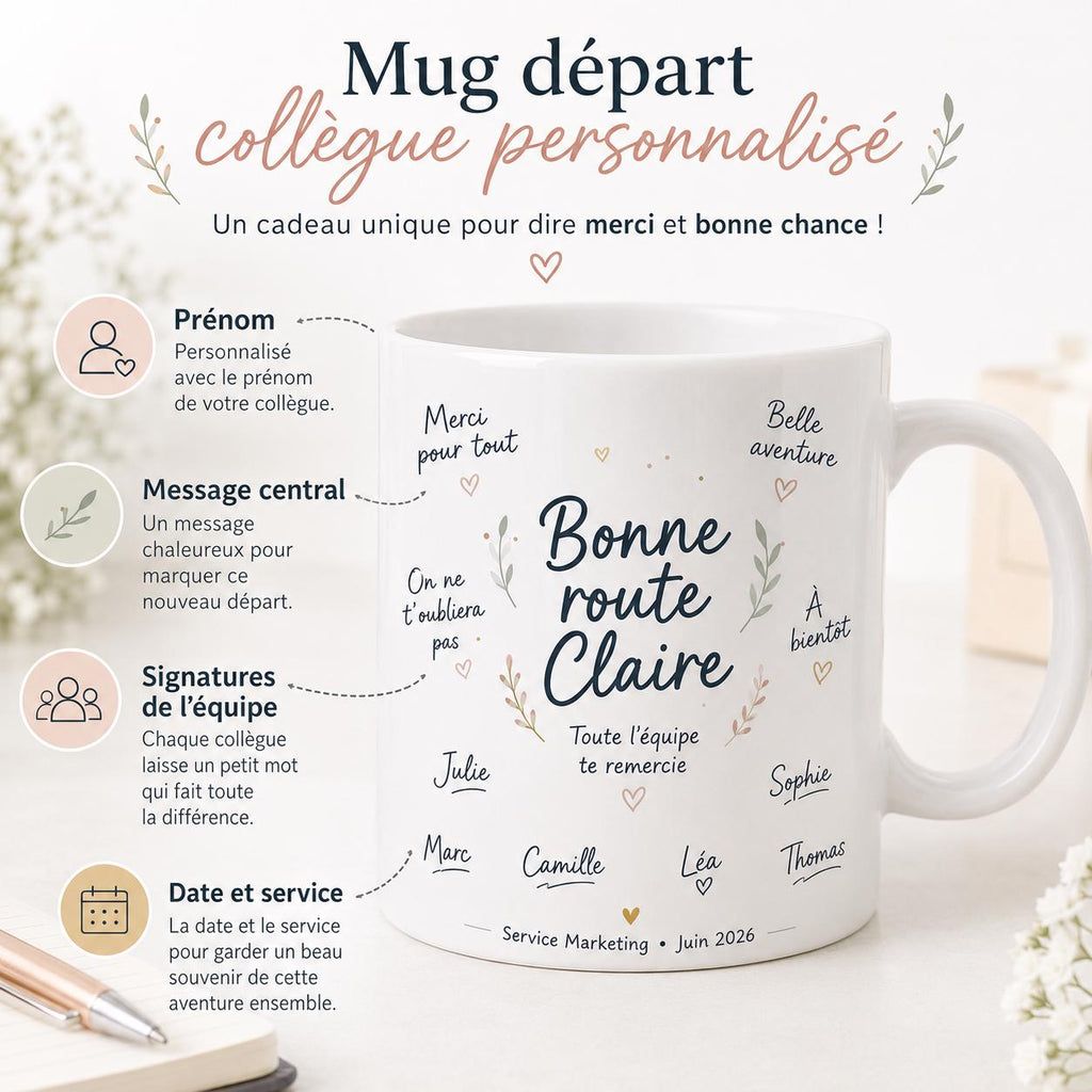 Mug départ collègue personnalisé – Messages et signatures de l’équipe