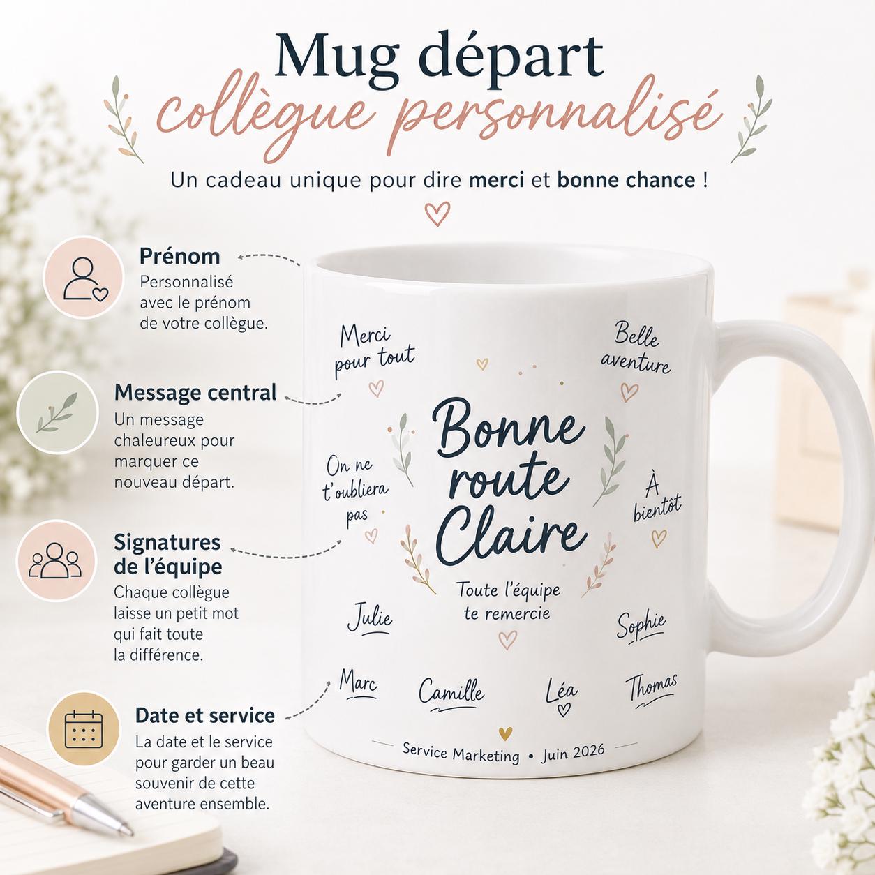 Mug départ collègue personnalisé – Messages et signatures de l’équipe