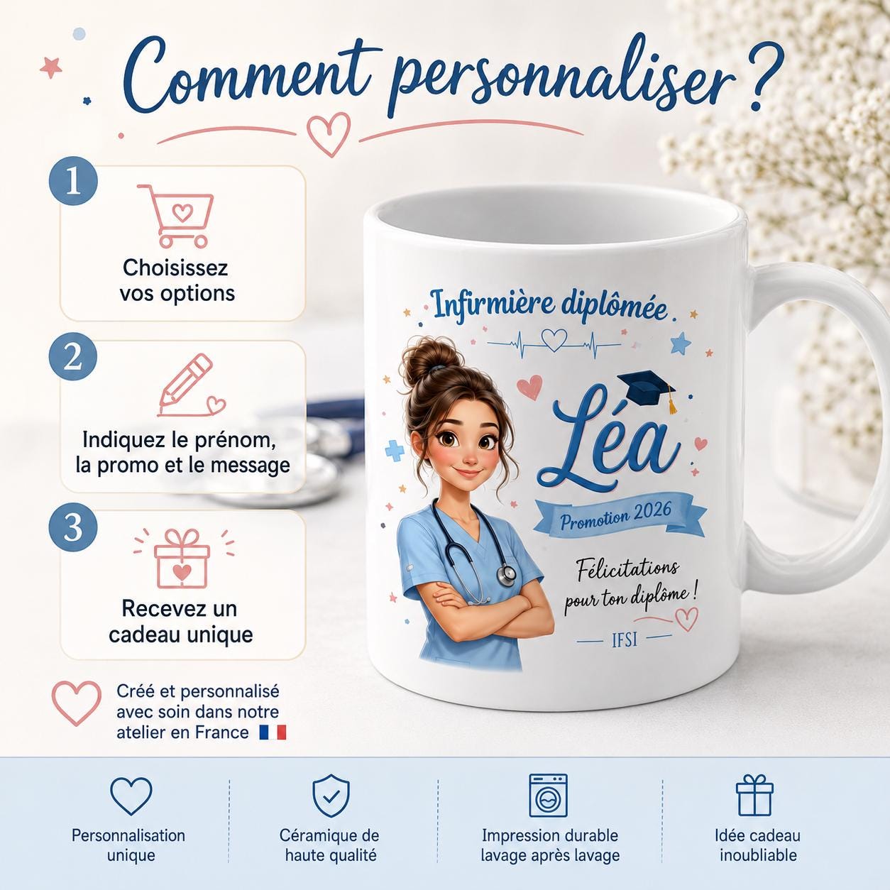Mug infirmière diplômée personnalisé présenté comme cadeau prêt à offrir, créé et imprimé avec soin dans un atelier en France.